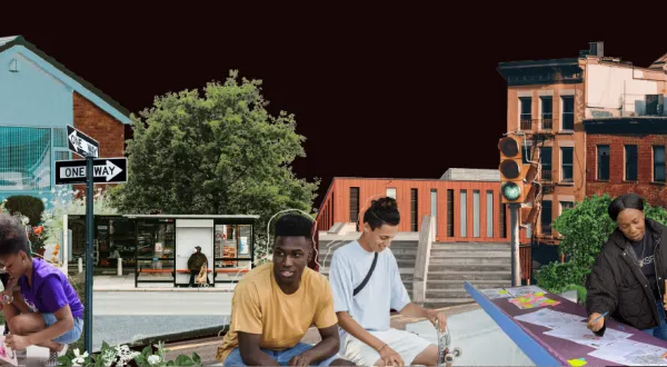 Graphic featuring Black architects collaborating in an urban setting.