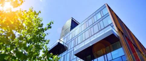 A building facade with sustainable features