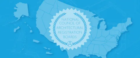A map of NCARB's 55 licensing board jurisdictions with NCARB seal. 