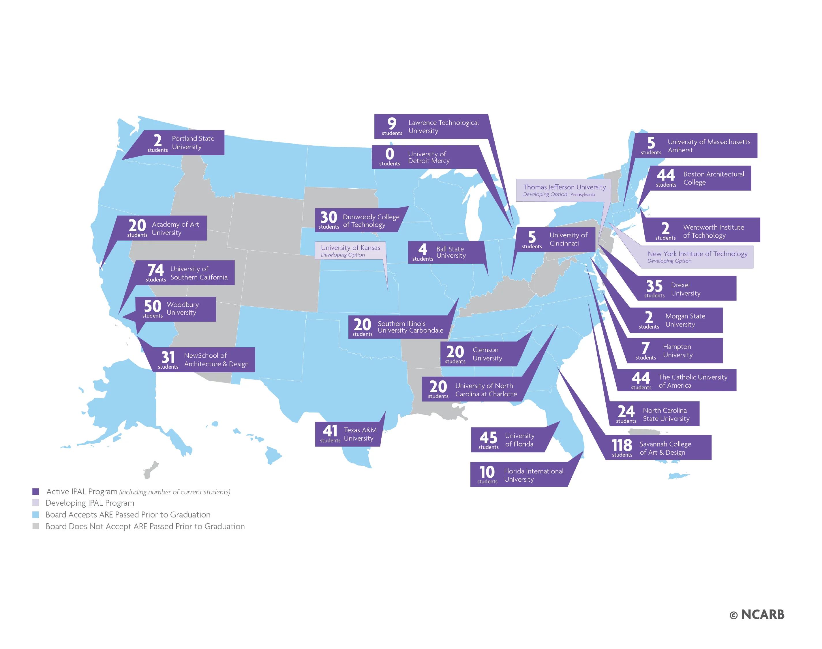  More than 650 students were enrolled in IPAL options across the United States in 2023. For help with data accessibility, contact communications@ncarb.org. 