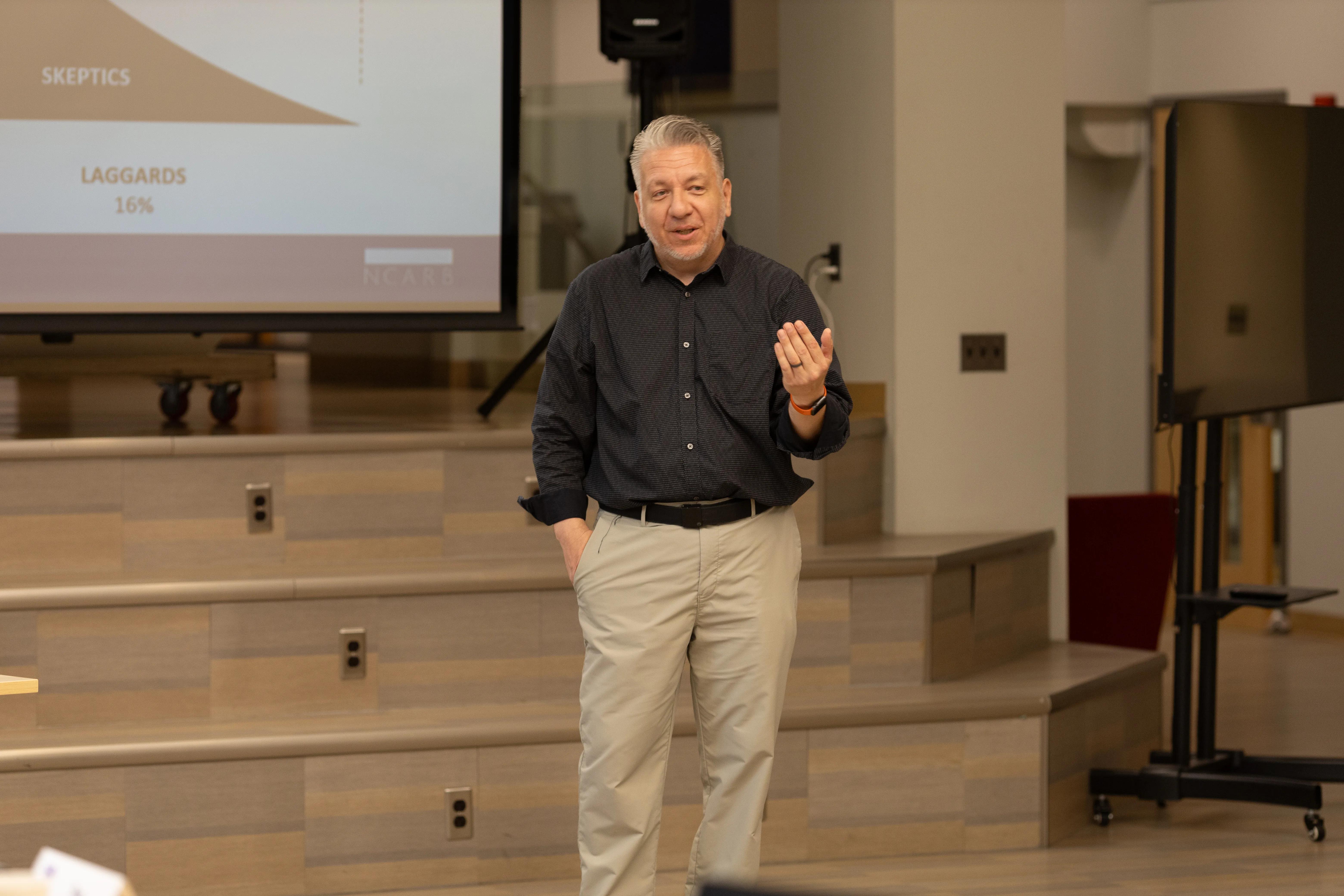 Facilitator Scott Barton at the Howard Mackey College of Engineering and Architecture building.